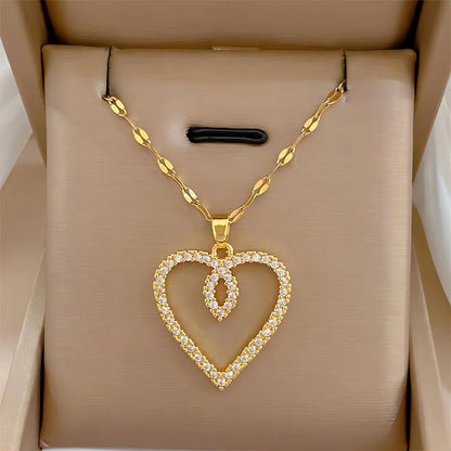 Trendy Heart Pendant Necklace – Gold Stainless Steel with Zirconia Accent