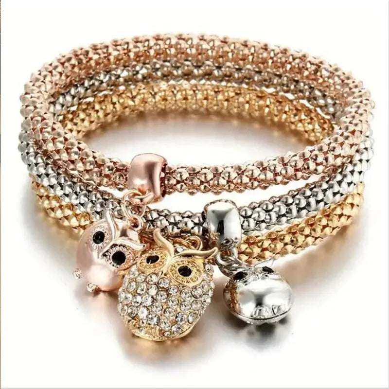 3PCS Rose Gold & Silver Charm Bracelet Set