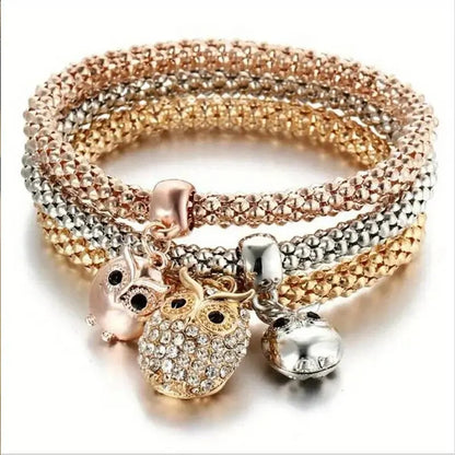 3PCS Rose Gold & Silver Charm Bracelet Set