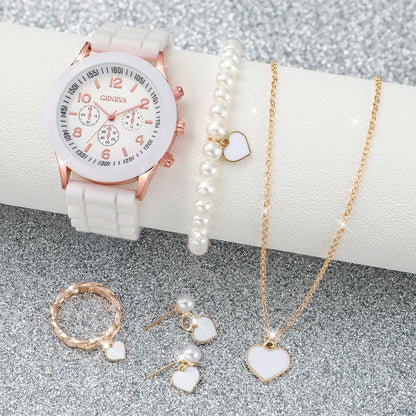 Women's 6PCS Quartz Watch & Heart Pearl Jewelry Set – White Silicone Edition