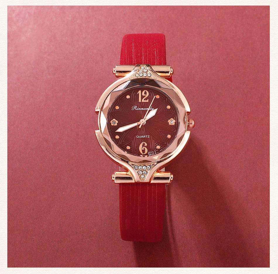 Women's 5PCS Leather Band Watch & Jewelry Set – Casual Elegance