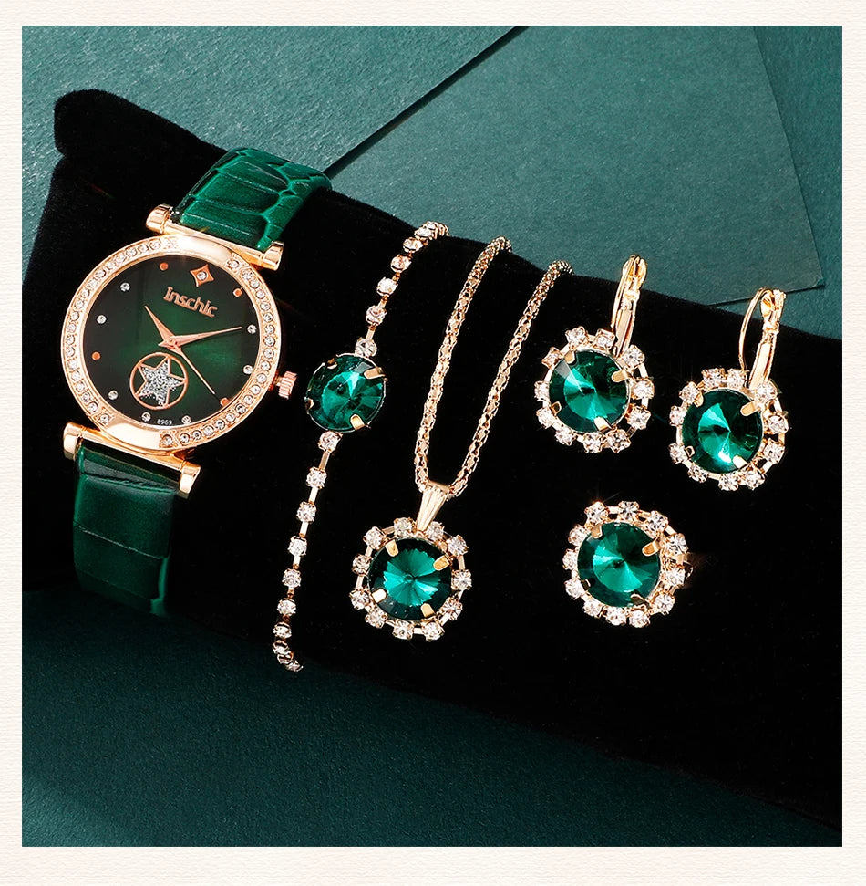 Women's 6PCS Quartz Watch & Jewelry Set – Red, Green, or Black Collection