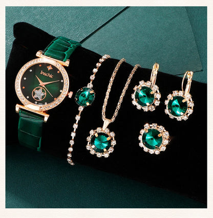 Women's 6PCS Quartz Watch & Jewelry Set – Red, Green, or Black Collection