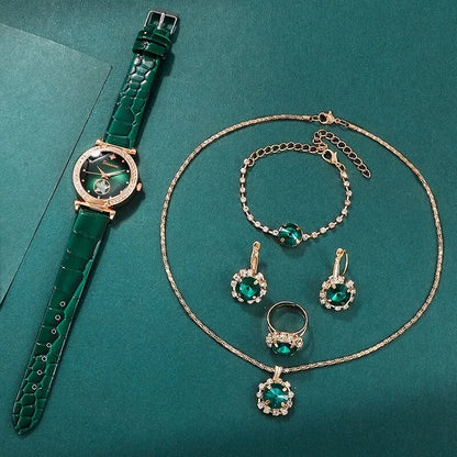 Women's 6PCS Quartz Watch & Jewelry Set – Red, Green, or Black Collection