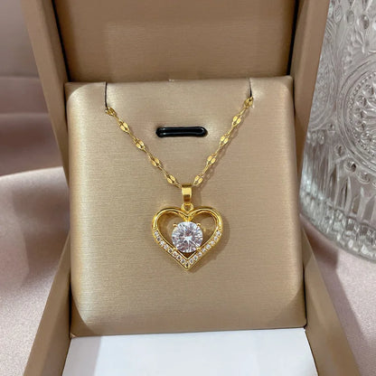 Trendy Heart Pendant Necklace – Gold Stainless Steel with Zirconia Accent