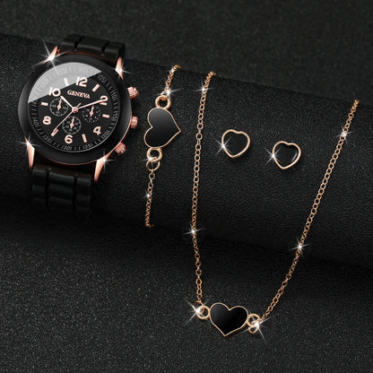 Women's 5PCS Quartz Watch & Jewelry Set – Silicone Band Edition