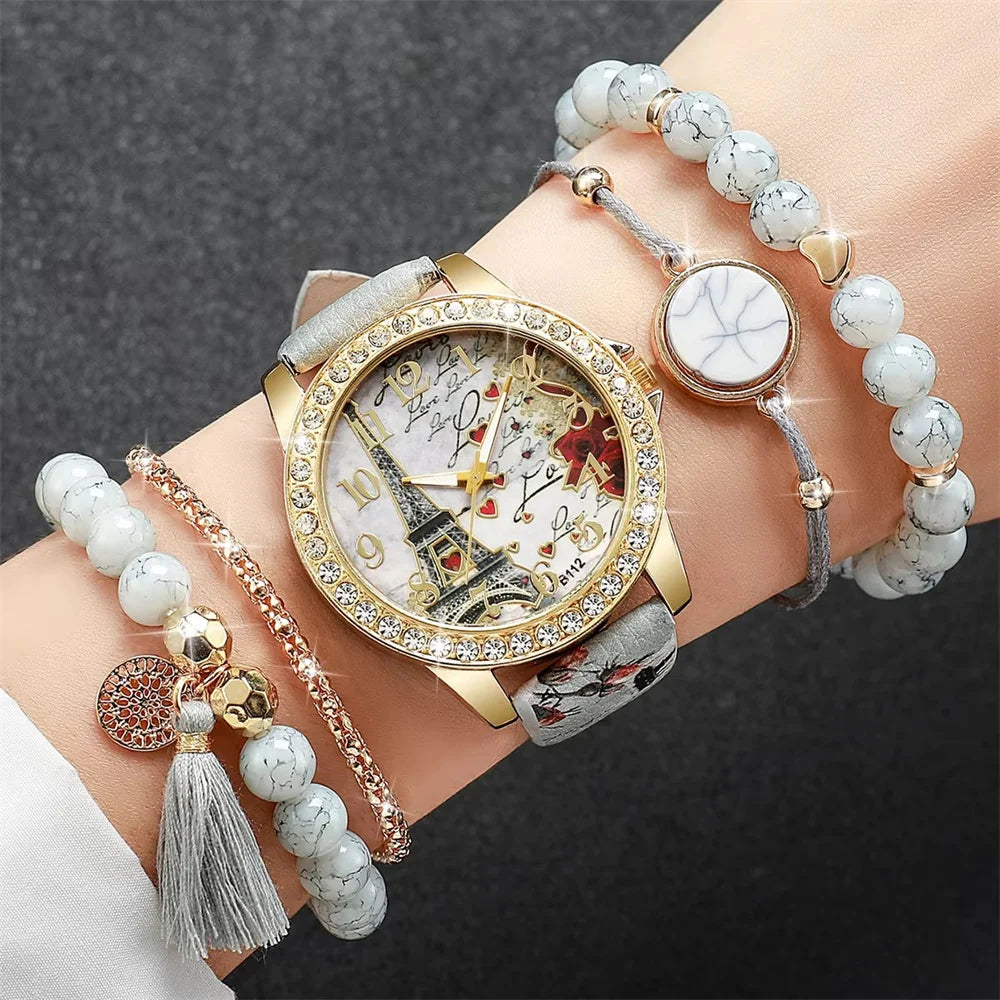 Women's 5PCS Retro Quartz Watch & Beaded Bracelet Set