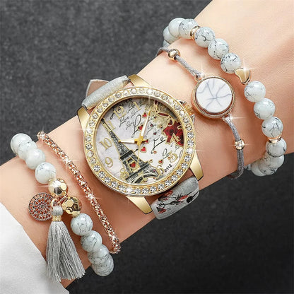 Women's 5PCS Retro Quartz Watch & Beaded Bracelet Set