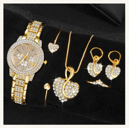 Luxury 6PCS Women's Rhinestone Watch & Jewelry Set