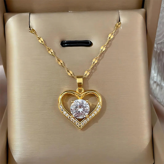 Trendy Heart Pendant Necklace – Gold Stainless Steel with Zirconia Accent