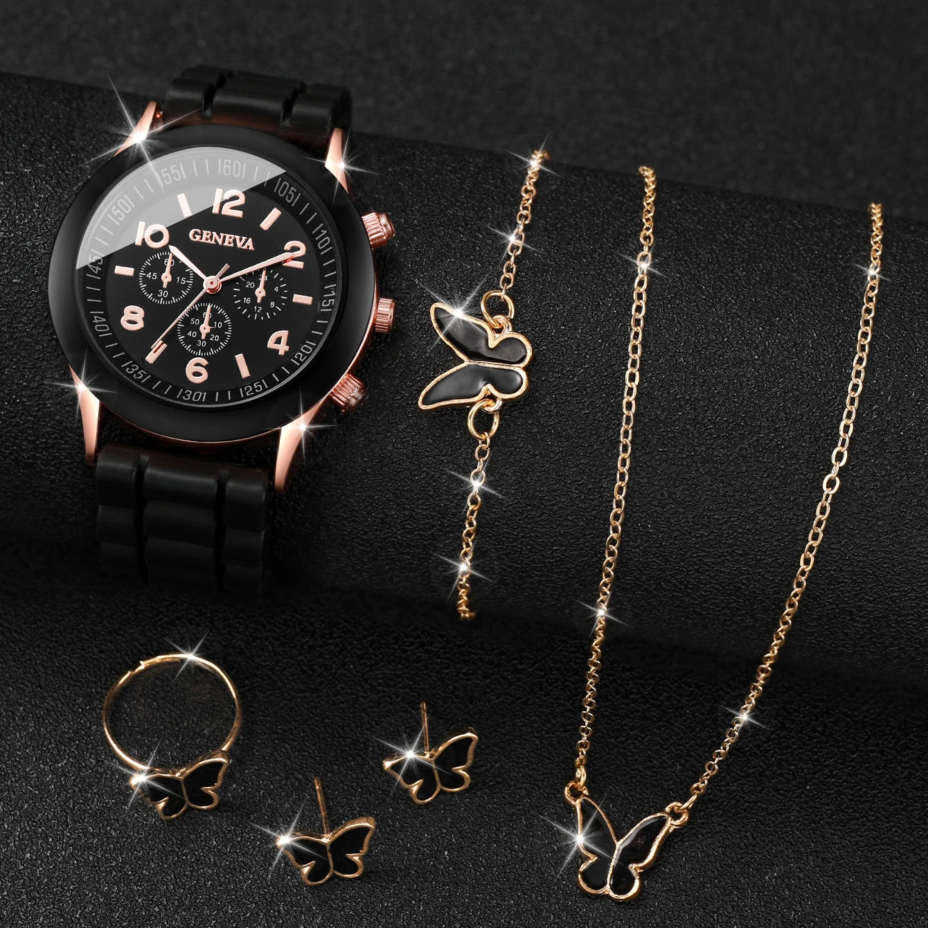 Women's 5PCS Quartz Watch & Jewelry Set – Silicone Band Edition