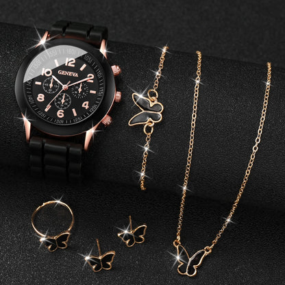 Women's 5PCS Quartz Watch & Jewelry Set – Silicone Band Edition