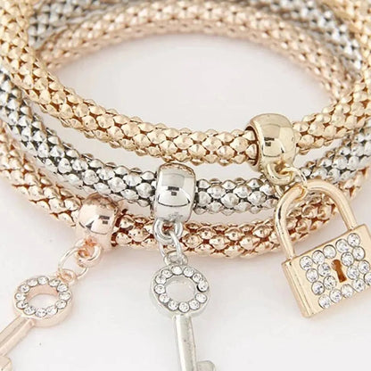 3PCS Rose Gold & Silver Charm Bracelet Set