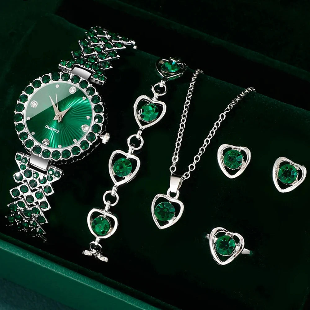 Luxury Women's Heart Rhinestone Watch & Jewelry Set – 5PCS