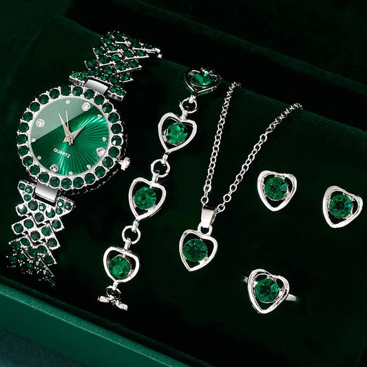 Luxury Women's Heart Rhinestone Watch & Jewelry Set – 5PCS