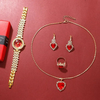 Golden Rhinestone Women's Watch & Jewelry Set – 5PCS Collection