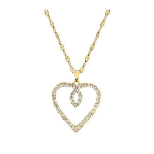 Trendy Heart Pendant Necklace – Gold Stainless Steel with Zirconia Accent