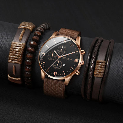 Men’s Nylon Strap Watch & Bracelet Set – 4/5PCS