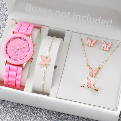 Women's 5PCS Quartz Watch & Jewelry Set – Silicone Band Edition