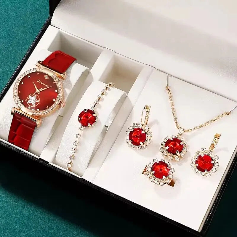 Women's 6PCS Quartz Watch & Jewelry Set – Red, Green, or Black Collection
