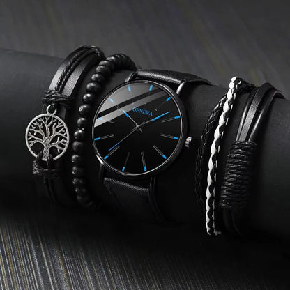 4PCS Men’s Brown Leather Watch & Bracelet Gift Set