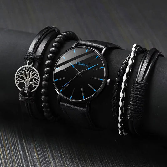 4PCS Men’s Brown Leather Watch & Bracelet Gift Set