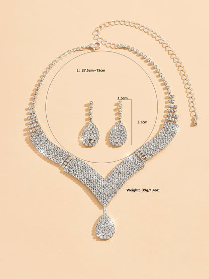Luxury Water Drop Rhinestone Necklace & Earring Set – 3-Piece Collection