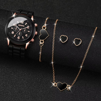 Women's 5PCS Quartz Watch & Jewelry Set – Silicone Band Edition