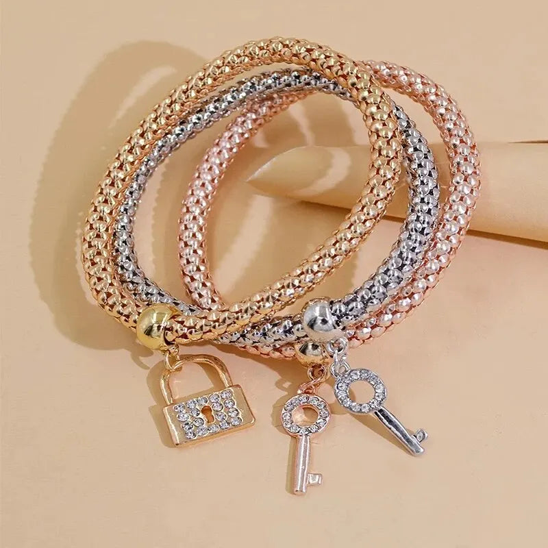3PCS Rose Gold & Silver Charm Bracelet Set