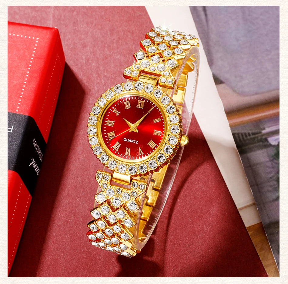 Golden Rhinestone Women's Watch & Jewelry Set – 5PCS Collection