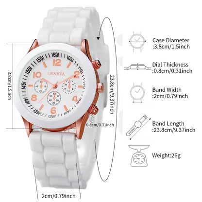 Women's 6PCS Quartz Watch & Heart Pearl Jewelry Set – White Silicone Edition
