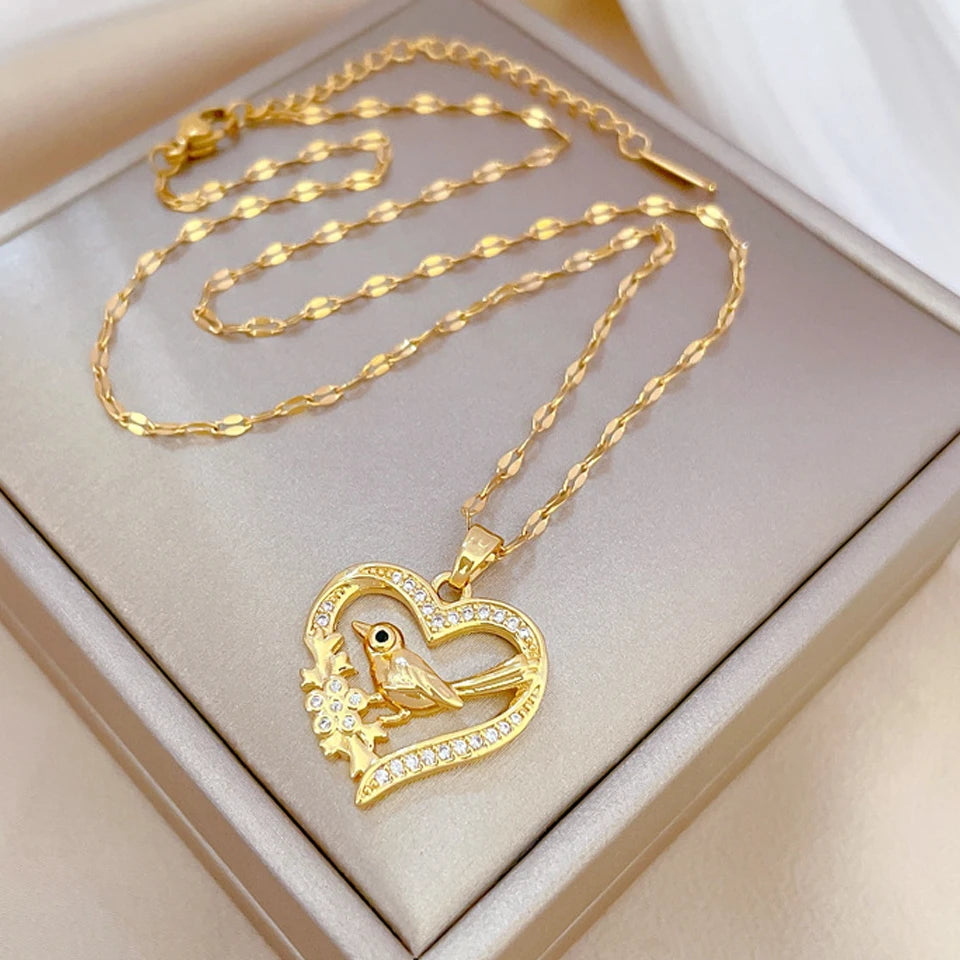 Trendy Heart Pendant Necklace – Gold Stainless Steel with Zirconia Accent
