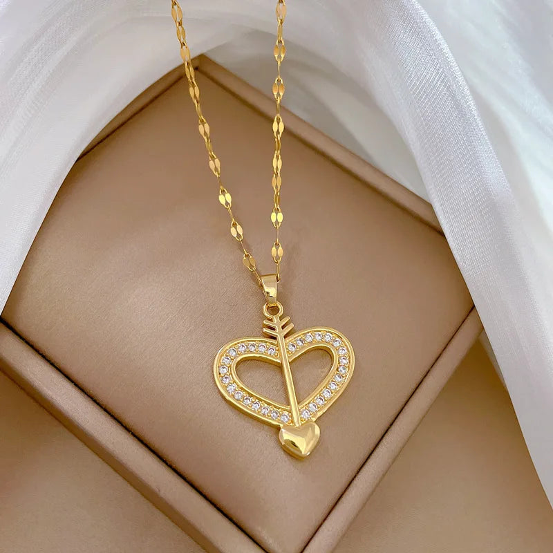 Trendy Heart Pendant Necklace – Gold Stainless Steel with Zirconia Accent
