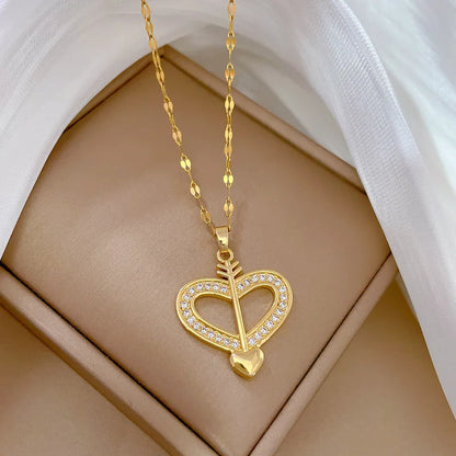 Trendy Heart Pendant Necklace – Gold Stainless Steel with Zirconia Accent