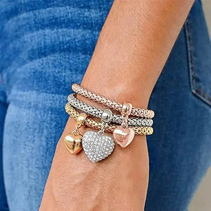 3PCS Rose Gold & Silver Charm Bracelet Set