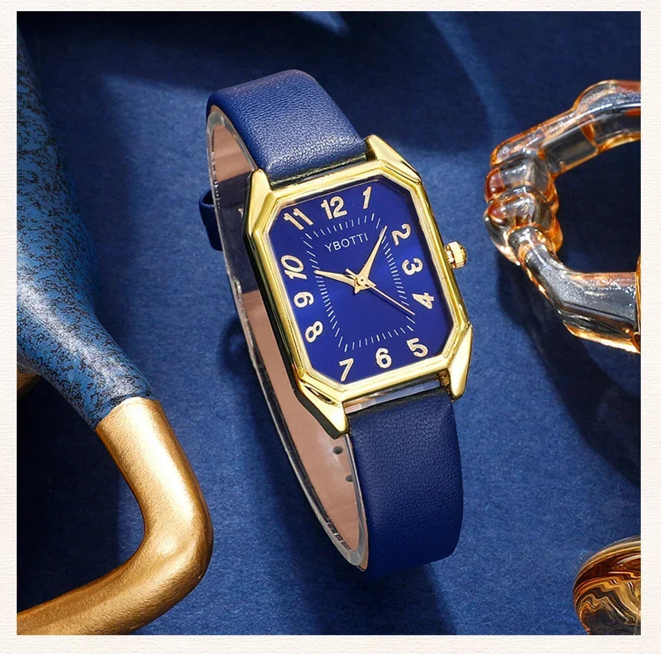 LOW STOCK! Luxury Square Dial Women's Quartz Watch – Blue Leather Band