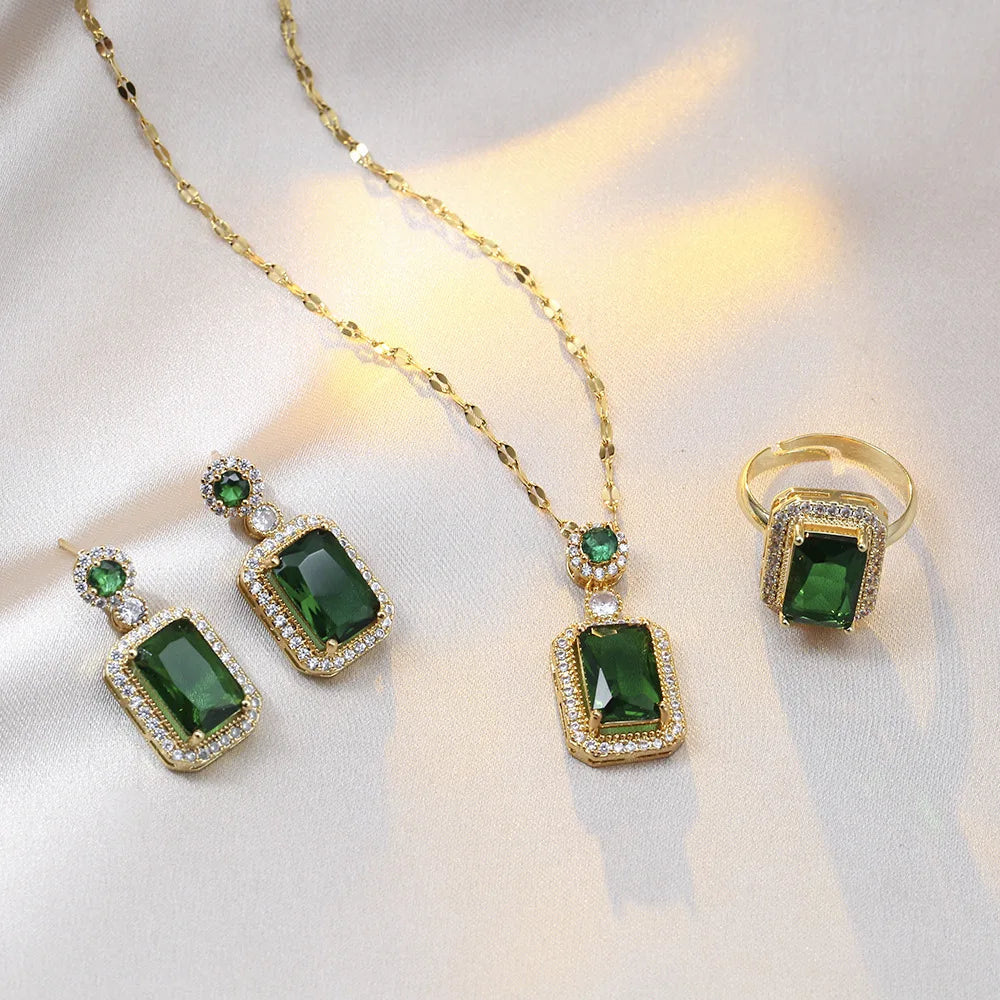 Elegant Quadrate Rhinestone 4-Piece Jewelry Set – Necklace, Earrings, Ring, and Bracelet