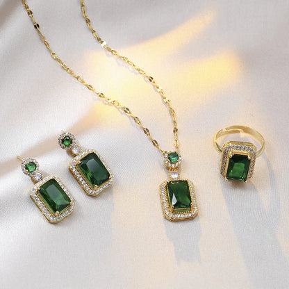 Elegant Quadrate Rhinestone 4-Piece Jewelry Set – Necklace, Earrings, Ring, and Bracelet