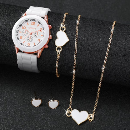 Women's 5PCS Quartz Watch & Jewelry Set – Silicone Band Edition