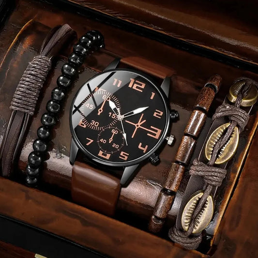 Men’s Retro Leather Watch Set – 5PCS
