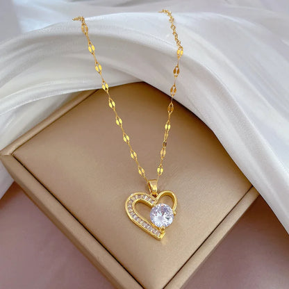 Trendy Heart Pendant Necklace – Gold Stainless Steel with Zirconia Accent