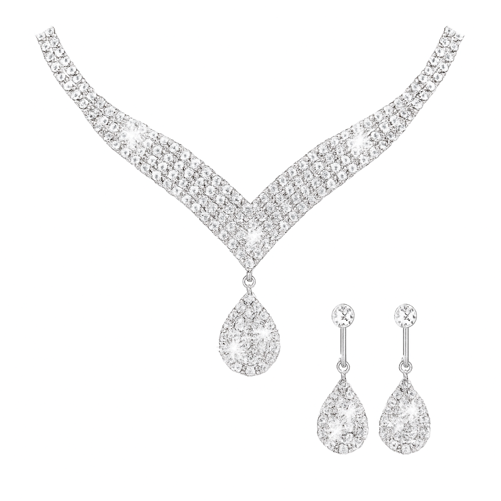 Luxury Water Drop Rhinestone Necklace & Earring Set – 3-Piece Collection