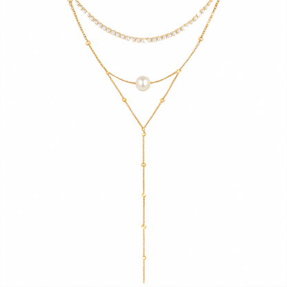 Elegant Pearl Layered Necklace with Crystal Pendant