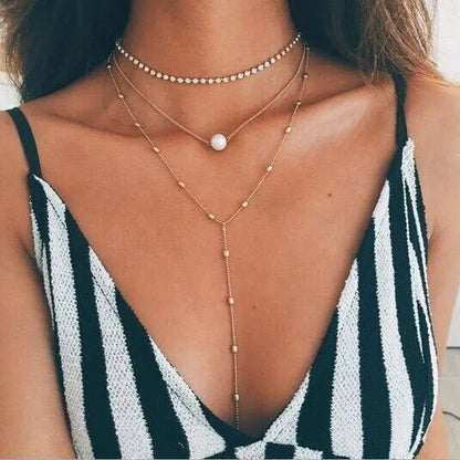 Elegant Pearl Layered Necklace with Crystal Pendant